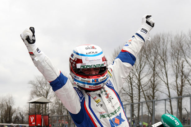 Jason Plato celebrates winning the first race of the 2013 season