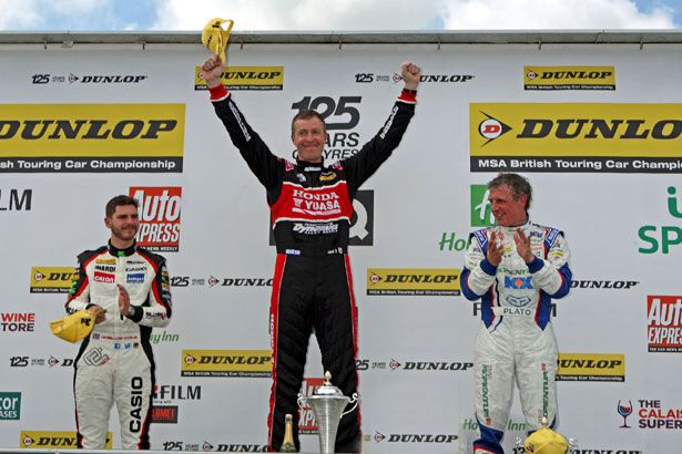 Matt Neal on the podium with Tom Onslow-Cole (left) and Jason Plato (right)