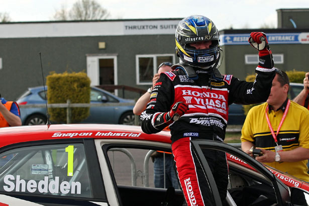 Gordon Shedden celebrates his victory in the 3rd race at Thruxton