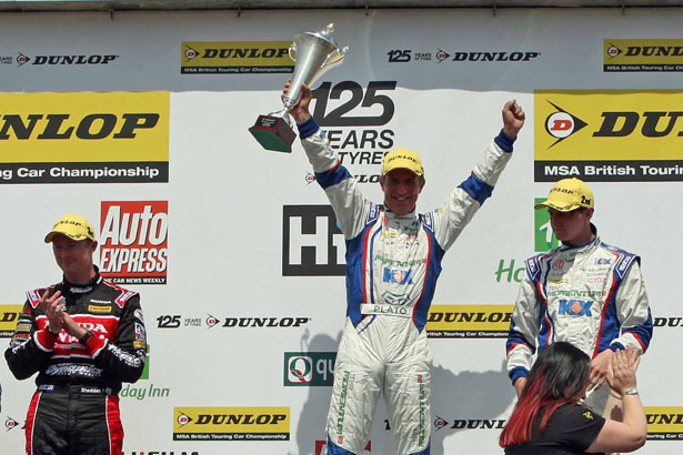 Jason Plato and Sam Tordoff celebrate a 1-2 victory with Gordon Shedden 3rd