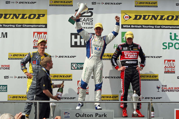 Jason Plato celebrates his second race win with Gordon Shedden and Colin Turkington