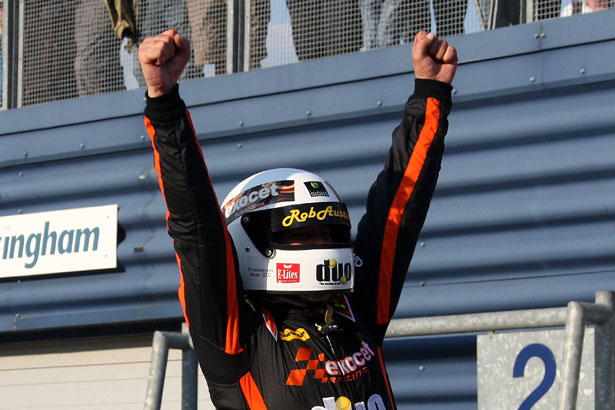 Rob Austin after winning the final race of the day from Rockingham