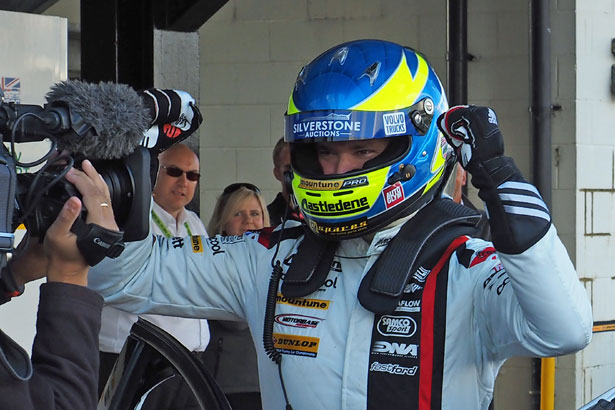 Mat Jackson celebrates his victory in race 1