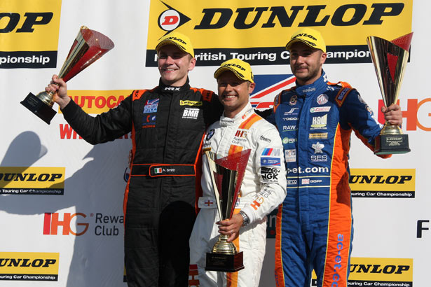 Andy Priaulx (centre) with Aron Smith (left) and Jack Goff (right)